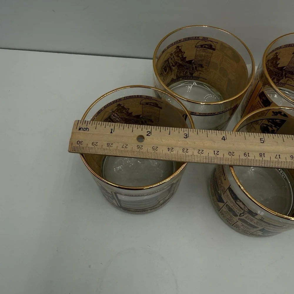 4-Vintage 1972 Montgomery Ward Golden Jubilee‎ Whiskey Rocks Glasses Gold Rim